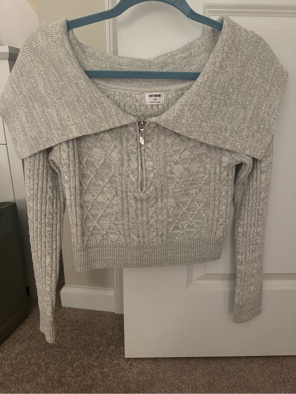 Cotton On Light Gray Cable-Knit Off-Shoulder Half-Zip Sweater